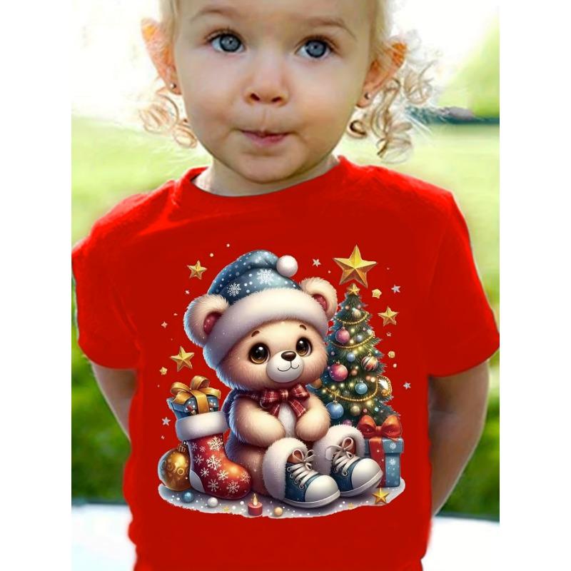 Kids Clothes Cute Animals Printing Christmas T-Shirt Festive Short Sleeve Boys Girls Clothes 2-14Y Christmas Gift Child Top Tee