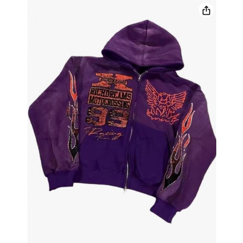 Mens Oversized Zip-Up Hoodie 2026 Fall Vintage Flame Eagle Print Loose Fit Casual Sweatshirt