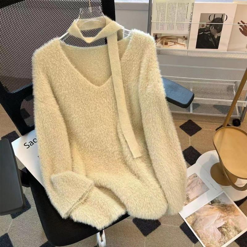 

Real shot design sense imitation mink hair knitted women s autumn and winter soft waxy loose lazy wind milk fufu sweater tide L