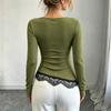 Damen-Farb-Langarm-T-Shirt mit asymmetrischem Ausschnitt, Spitzenbesatz am Saum und Akzenten