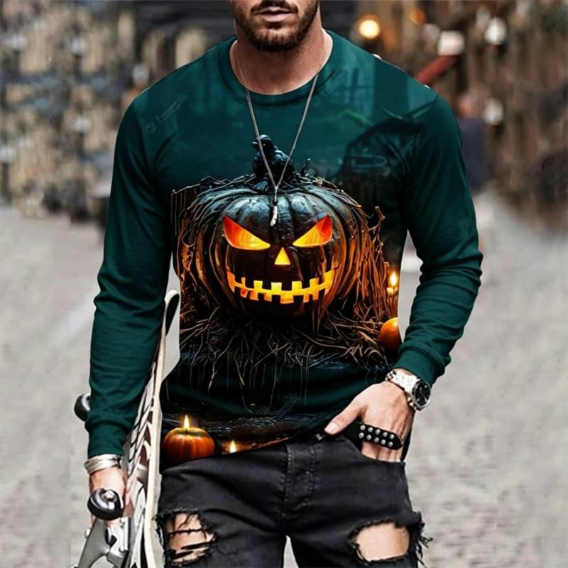 Men's Long Sleeve T-Shirt Halloween Scarecrow Skeleton Ghost Pumpkin 3D Print Crew Neck Casual Street Tops