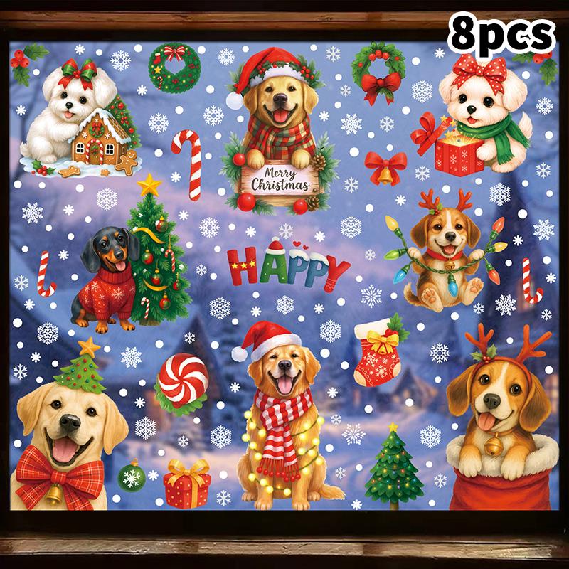 2/4/6/7/8/9Pcs Christmas Decorations Gift Box Static Stickers Shopping Mall Window Decoration Wreath Puppy Glass Stickers