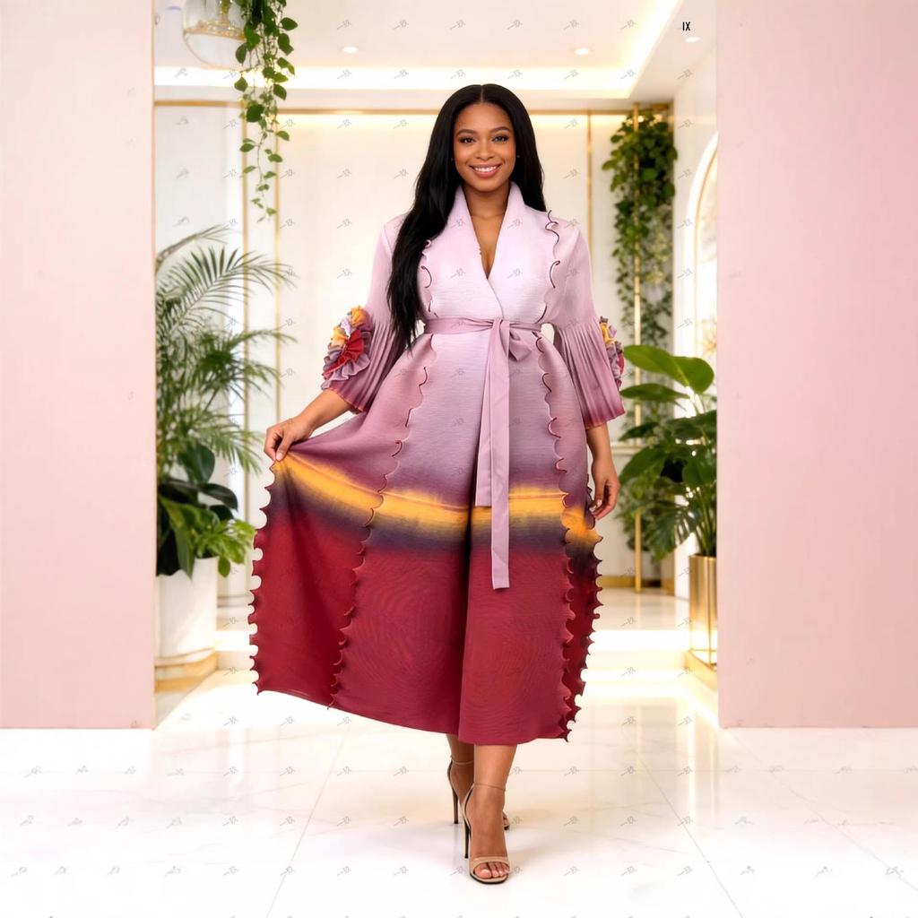 Miyake Women's Tie-Waist Gradient Ruffled Long Coat and Skirt Set - Ideal for Spring and Autumn