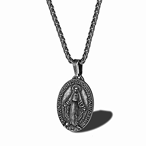 Deelfel Women's Gold Necklace with Venetian Chain, 45cm, Miraculous Medal, Virgin Mary Necklace, Oval, Amulet, Medal Pendant, Stainless Steel, Hypoall