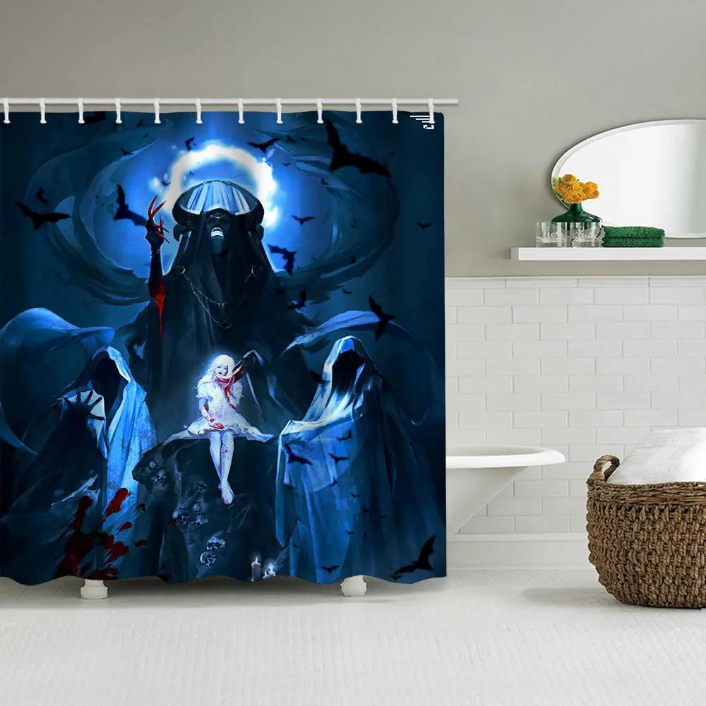 Halloween Shower Curtain 3D Printing Horror Skull Motorcycle Waterproof Bathroom Curtains Bathtub Screen Decor with 12 Pcs Hooks