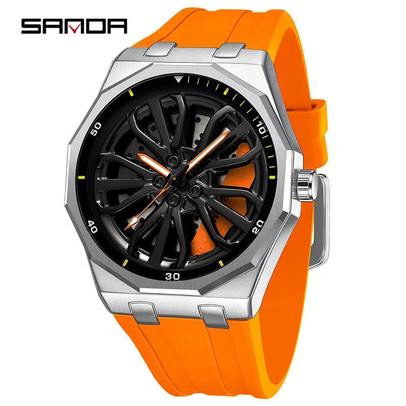 Sanda Men's Waterproof Alloy Car Wheel Design Silicone Wristwatch