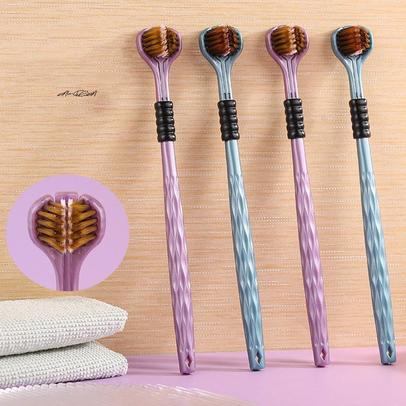 2Pcs 3D Stereo Toothbrush Set Ultra Fine Soft Bristles Adult Oral Care 360° Cleaning Tongue Scraper Three-Sided Design