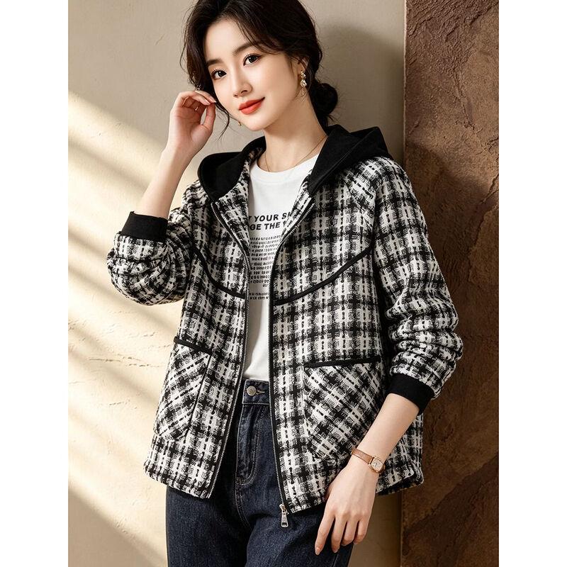 D.F.DEAR Women's Casual Hooded Plaid Jacket