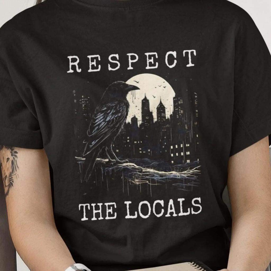 Crow T Shirt Respect The Locals Raven Lover Vintage Washed Comfortable Stylish Streetwear Fashion Stretched Versatile Slightly