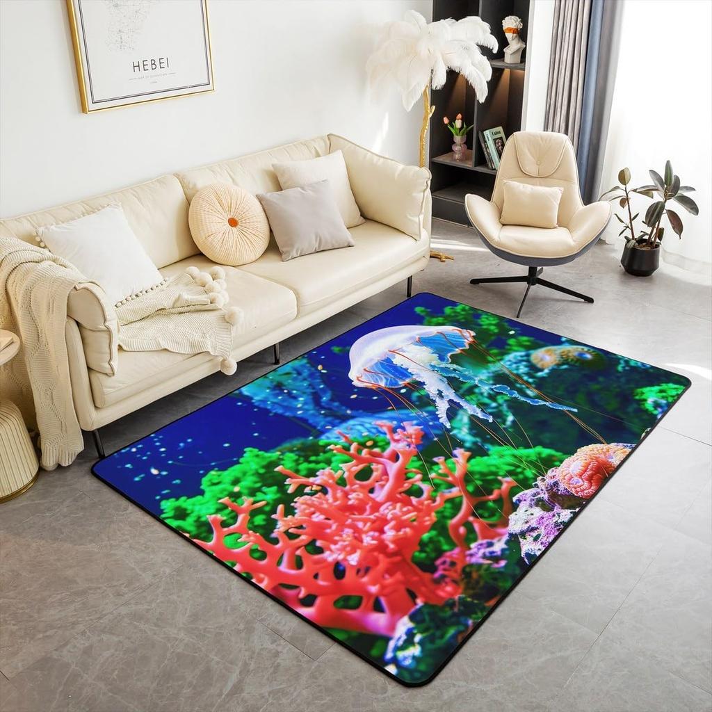 Jellyfish Marine Life Area Rug Dreamy Ocean Animal Non Slip Carpet for Kids Adults Fantasy Moon Clouds Starry Sky Decorative Rug