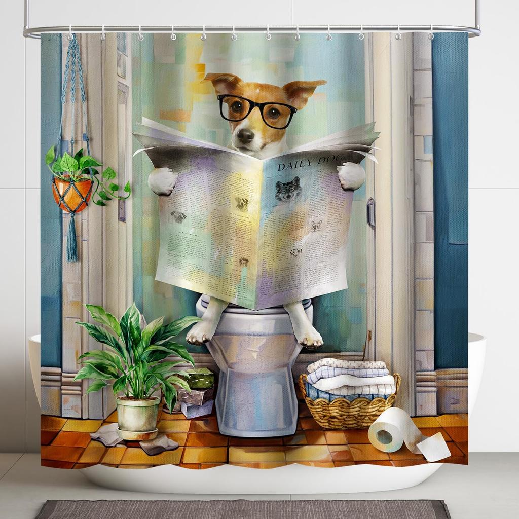 Funny Shower Curtains, Cool Dog Shower Curtain, Fun Pet Puppy Waterproof Shower Curtains with Hooks for Bathroom Decor, Dog