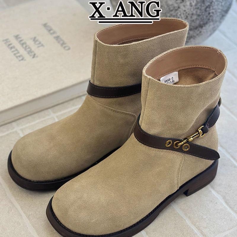 Cowhide Version Maillard Boots Women's Short Boots Autumn and Winter New Martin Boots Women's Medium Tube Knight Boots