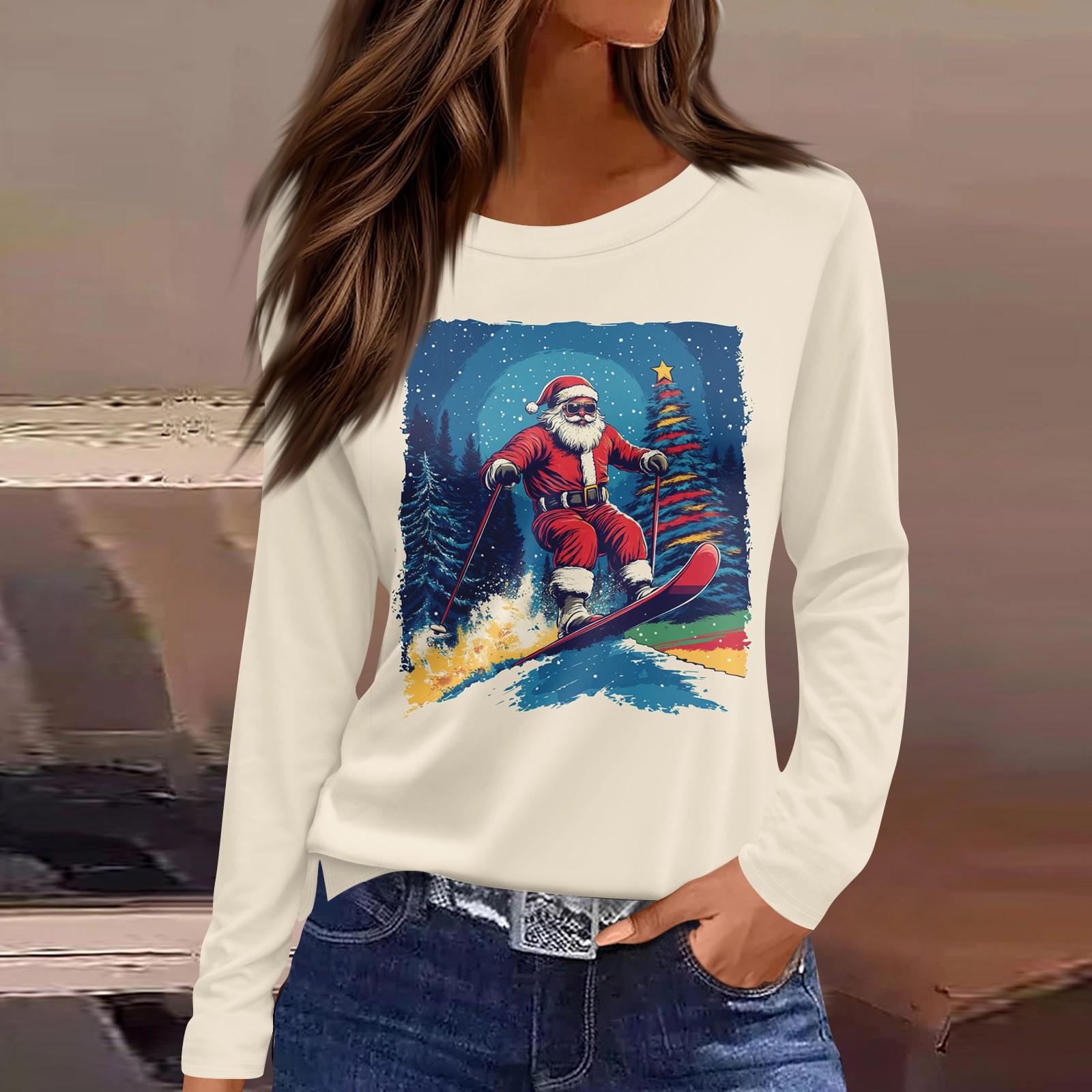 

Женская повседневная мода, удобная, с длинным рукавом, с рождественским принтом, свободная футболка, топы XL арбуз красный