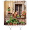 Italian Shower Curtain Rustic Potted European Italy City Town Style Spring Green Plants Garden Vintage Windows Mediterranean Greece Bathroom Curtain