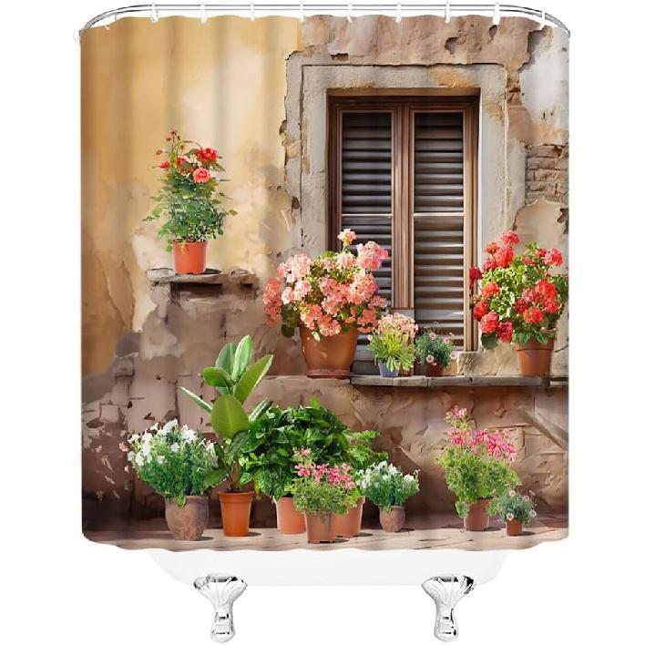 Italian Shower Curtain Rustic Potted European Italy City Town Style Spring Green Plants Garden Vintage Windows Mediterranean Greece Bathroom Curtain