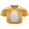 Girls Jazz Dance Top Metallic Short Sleeve Round Neck Crop Tee for Cheerleading Stage Performance