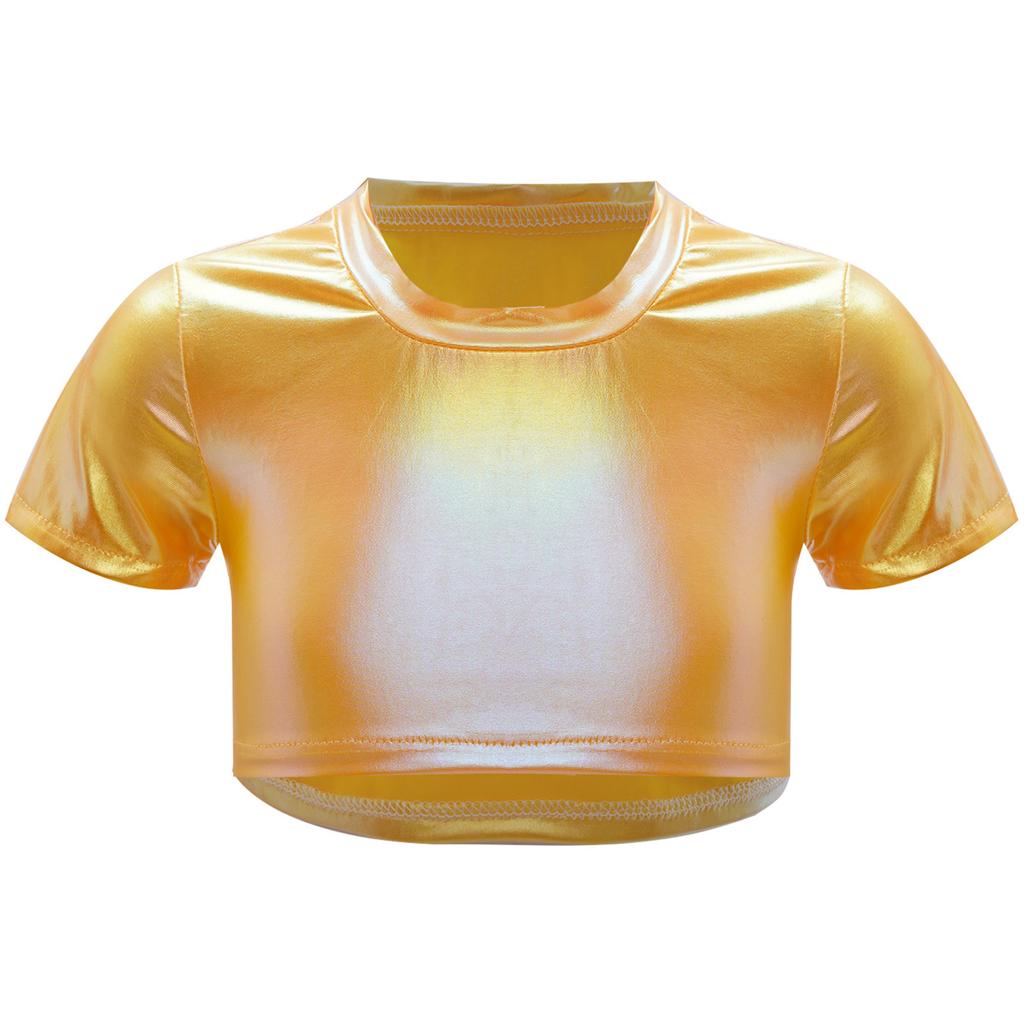 Girls Jazz Dance Top Metallic Short Sleeve Round Neck Crop Tee for Cheerleading Stage Performance