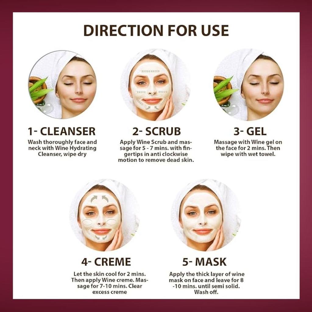 White Lilly Red Wine Facial Kit – 6 Step Facial for Instant Glow, Anti-Ageing, Skin Rejuvenation & Deep Hydration | Reduces Wrinkles, Fine Lines