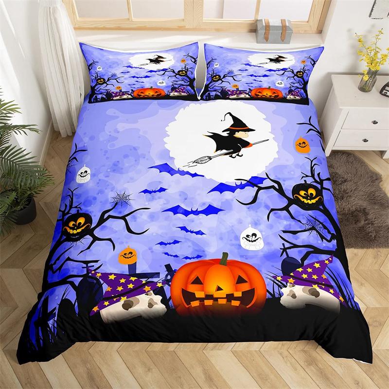 Halloween Duvet Cover Horror Pumpkin Lantern Bedding Set Polyester Crazy Scary Horseman Comforter Cover King For Kids Boys Girls
