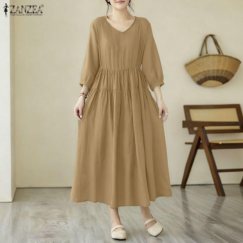 ZANZEA Women V-Neck 3/4 Sleeve Loose Casual Dress