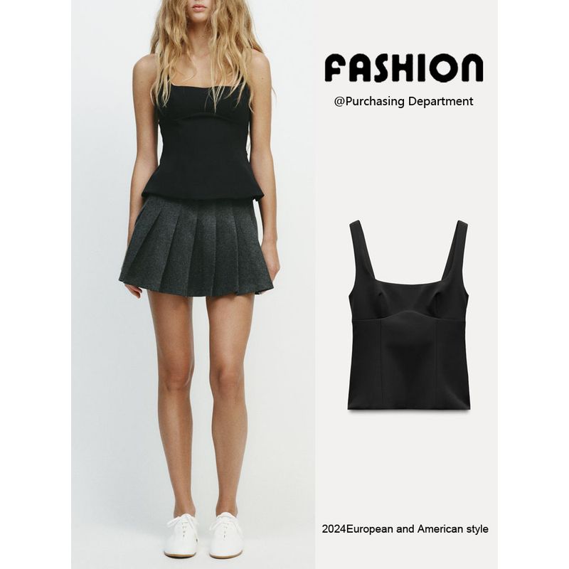 Za2025 Spring New Women's Clothing Easy Matching Sling Back Bowknot Decoration Square Collar Slimming Tops 3152007