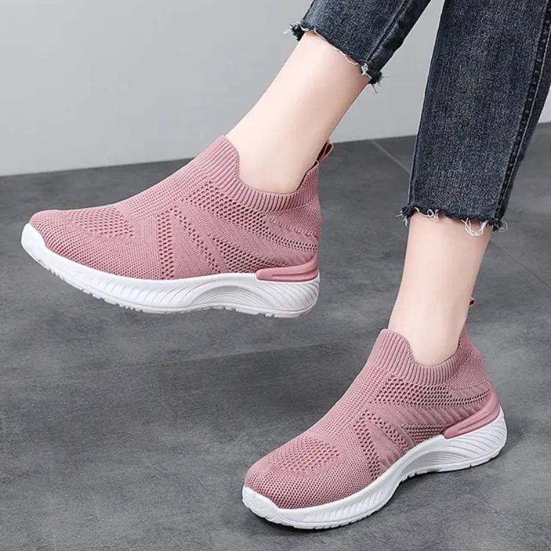 Breathable Mesh Women's Running Shoes Knitted Casual Sneakers Soft Walking Shoes Slip-on Flats Socks Shoes