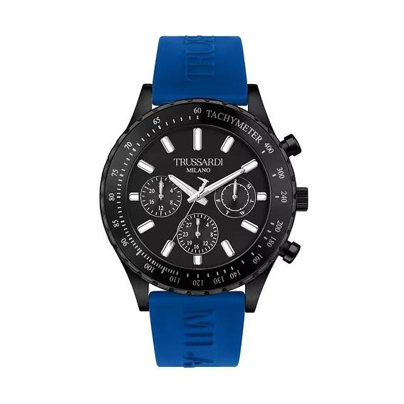 Мужские часы Trussardi T-Logo Tachymeter с черным циферблатом, силиконовым ремешком, кварцевые R2451148001