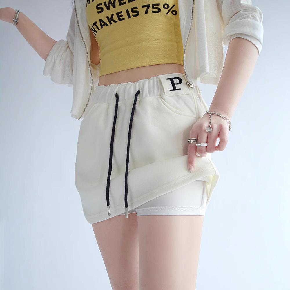 Women's Gray High-Waist A-Line Sports Skirt with Attached Shorts - Spring to Autumn Wear