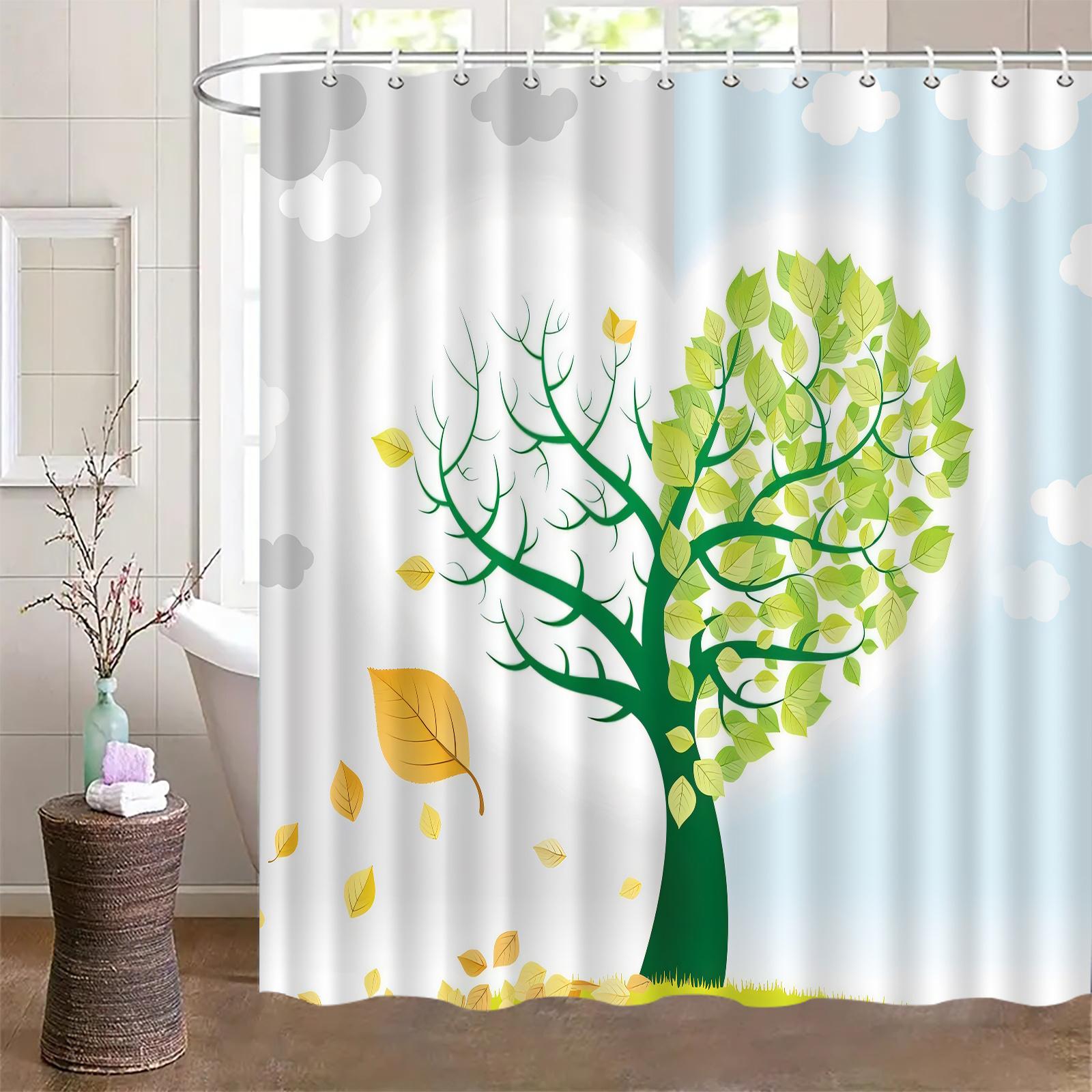 

Elegant Heart Tree Shower Curtain – Artistic Green Leaf & Cloud Design, Polyester With Hooks, Machine Washable W60H190(CM)-1 Pcs