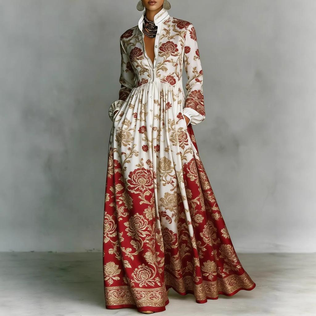 Cross-border European and American French Waist Slim Long-sleeved Printed Dress Elegant Retro Casual Dress Resort Style Women's Clothing