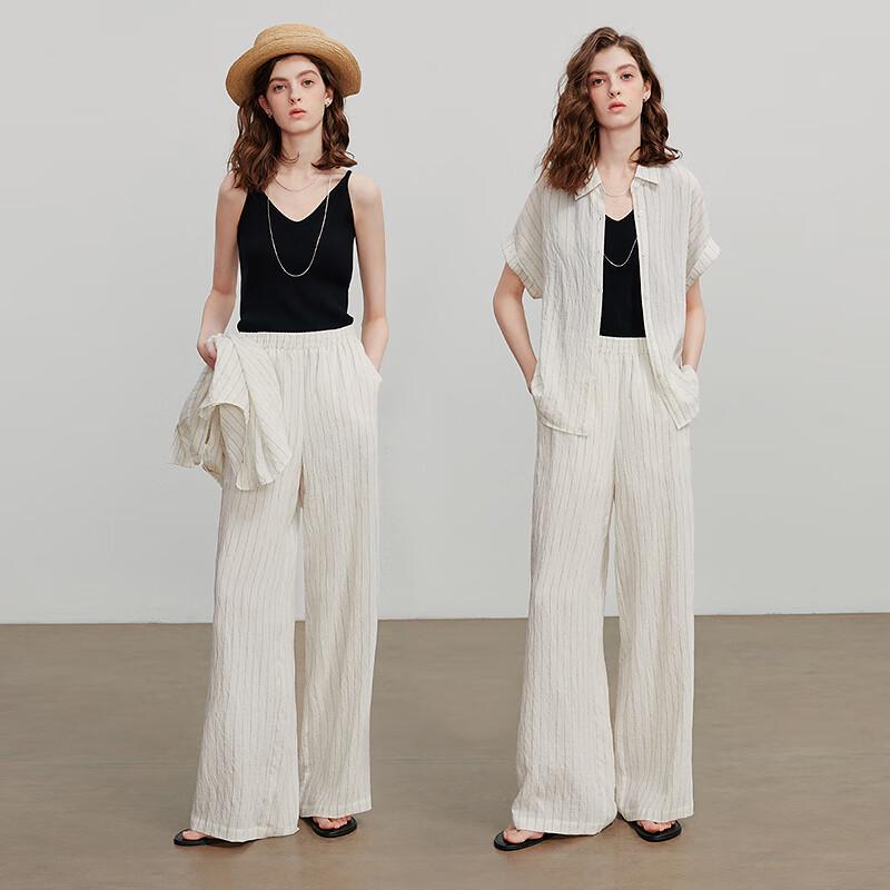 Women's Striped Linen-Feel Wide-Leg Casual Pants
