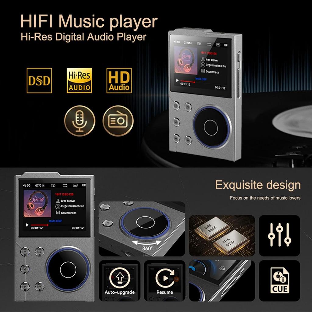 MP3 Player with Bluetooth 5.3, 16GB Digital Music Player 5.3 Lossless DSD DAC FLAC Player with 2.4inch HD Display Screen, Portable Audio Player,