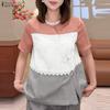 ZANZEA Women Casual Round Neck Short Sleeve Loose Patchwork Blouse