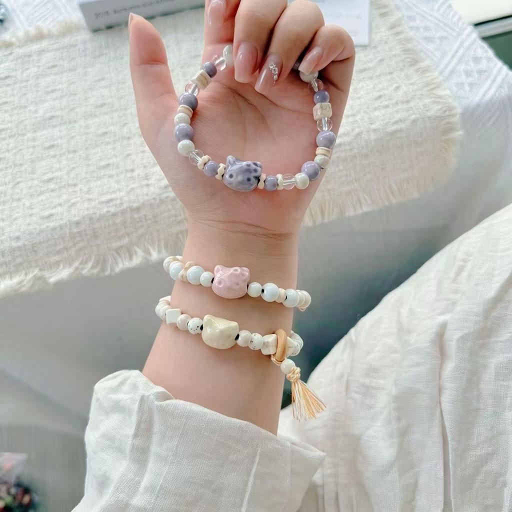 Macaron Ceramic Cat Bracelet - Mori Style Adjustable Woven Bracelet for Soft Girls