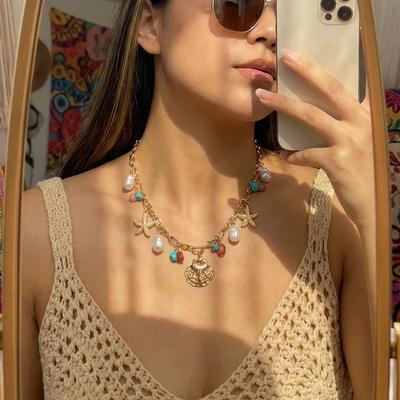 Mehrere Ozean-Anhänger-Halsketten für Damen Bohemia Muschel Seestern Imitation Perlenkette Trendiger Sommer Schmuck Geschenke