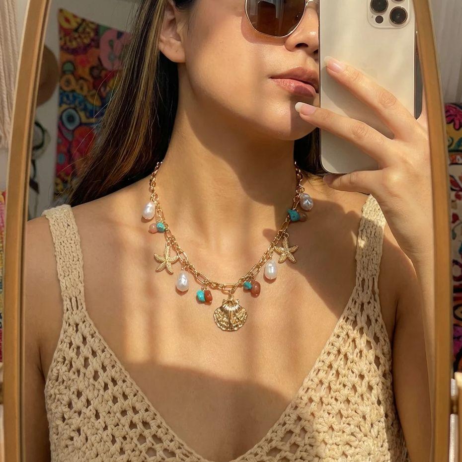 Collar Colgante Océano Multielemento para Mujer Bohemia Concha Estrella de Mar Perla de Imitación Collar de Joyería de Verano de Moda Regalos
