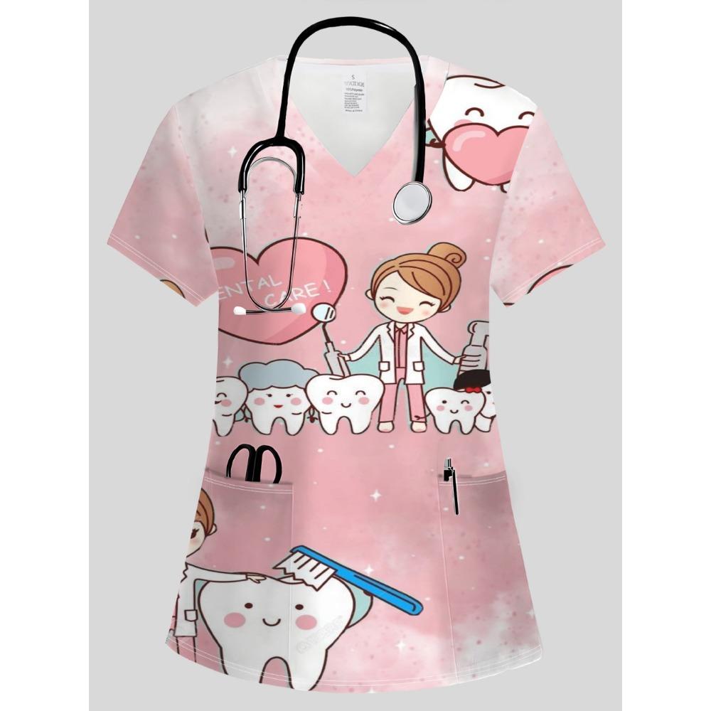 

Новая женская модная блуза с V-образным вырезом и карманами, короткий рукав, медицинский костюм, повседневный, удобный, с принтом в виде мультяшного рисунка, женская хирургическая форма S