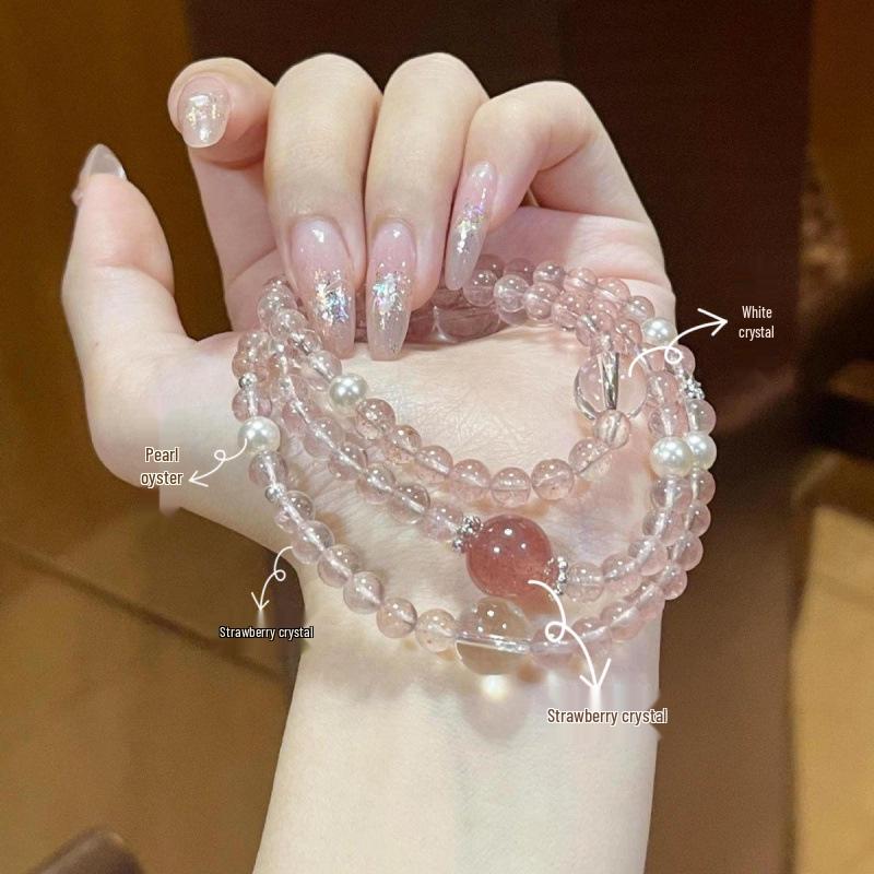 Natural Strawberry Quartz & White Crystal Mother-of-Pearl Women s Bracelet Set - Niche Fresh Design