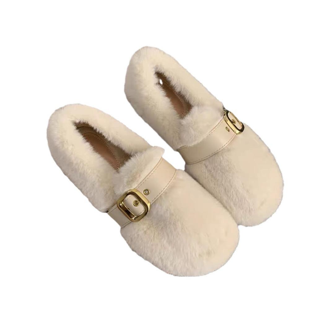Flat-bottomed plush shoes female autumn and winter mink hair warm fairy wind Doudou cotton shoes