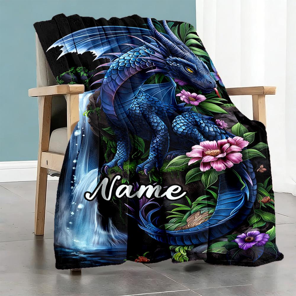 Fantasy Blue Dragon Floral Customize Your Name Blanket Cozy Personalized Blanket Soft & Cozy Throw For Couch Chair Office Chair Seaside