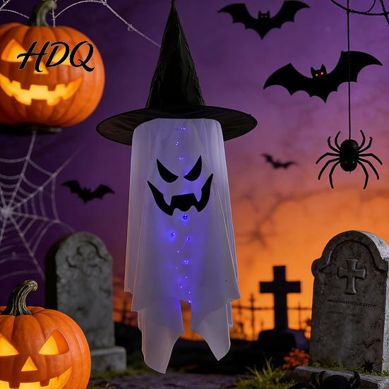 Lighted Ghost Wizard Pendant for Yard Halloween Hanging Decor with Hat LED Light Up Outdoor Decorations Windsock Porch Yard Spooky Fabric