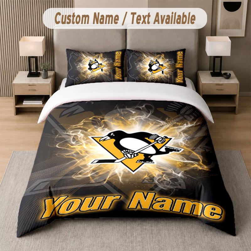 Custom Bedding Set Pittsburgh Penguins Pattern, Print Name Text 1 Duvet Cover Plus 2 Pillowcases Home Textile