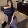 French Swing Neck Slanted Shoulder Dress Summer Waist New Irregular and Thin Temperament Pleated Celebrity Long Dress Skirt
