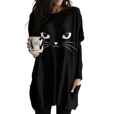 Nouveauté en automne robe grande taille à imprimé visage de chat pour femmes, col rond, manches longues, robes décontractées avec poches
