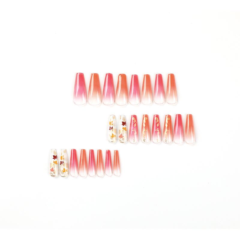 24Pcs/Set Quick Nails Long Maple Leaf False Nials Sticker Wearable Waterproof Manicure Finished Nails