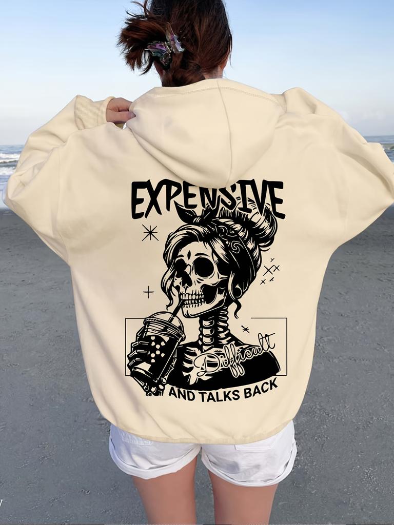 Women'S Casual Hooded Sweatshirt with Skeleton Drawing Comfortable and Stylish Casual Long Sleeve Pullover with Pockets Harajuku