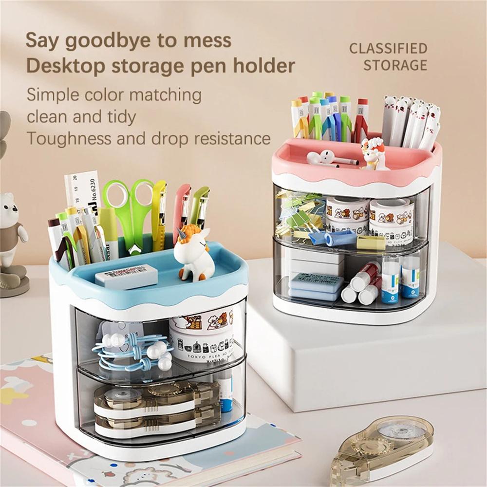 Pen Holder With 2 Transparent Drawers Cute Desk Storage Box Office Stationery Organizer (Pink)