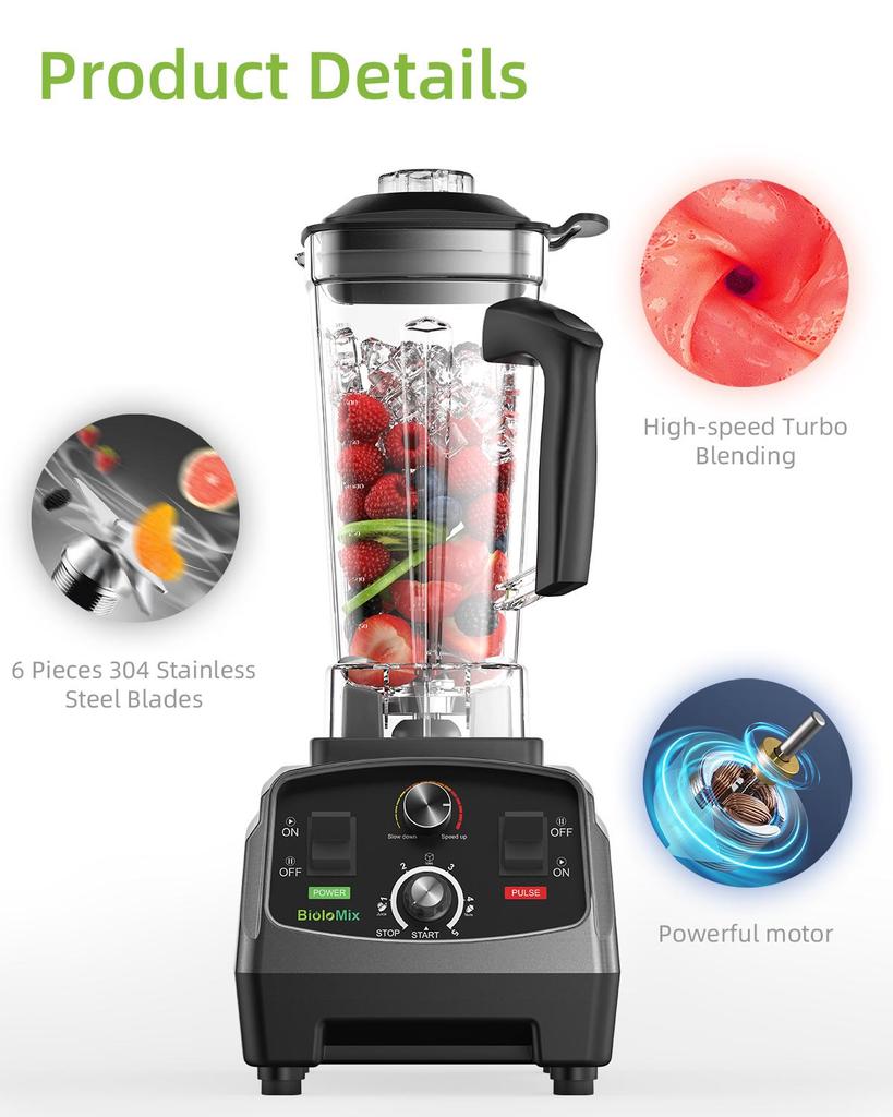 BioloMix T5200 Blender avec Minuterie 2200W Pot de 2L Sans BPA Broyeur de Glace Mixeur à Smoothies