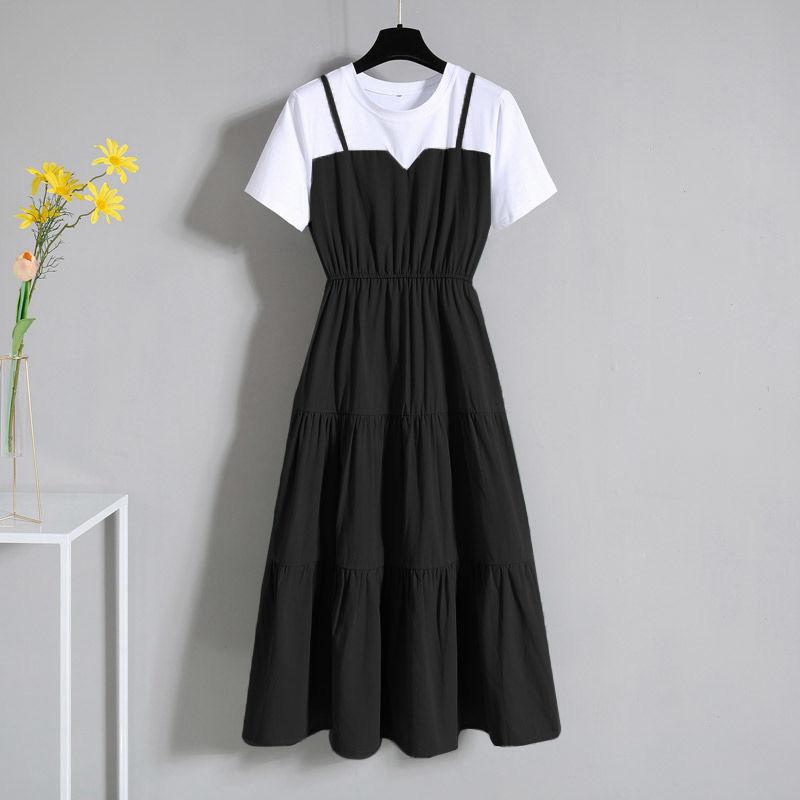 Fashion Strap Fake Two Piece Dress Block Summer Short Sleeved Dress Women's Waist Tight Dress