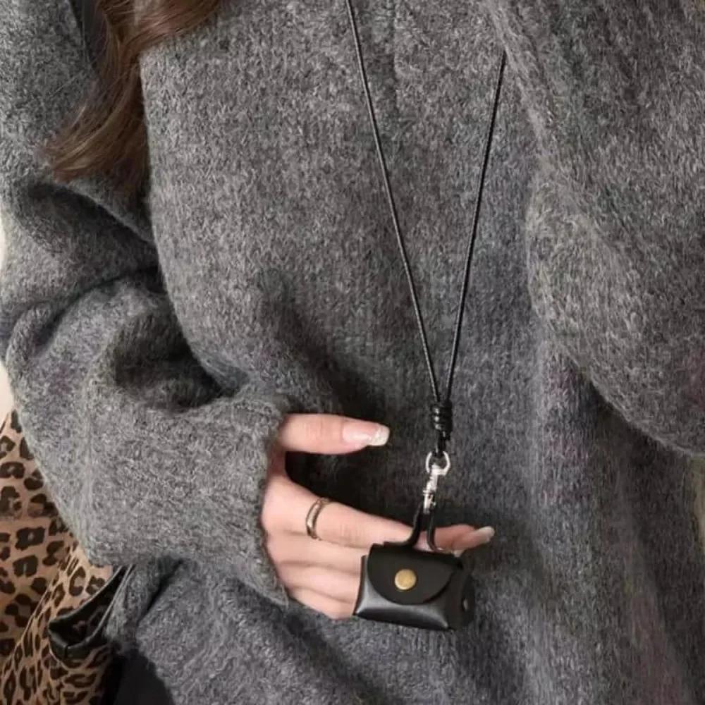 PU Suede Bag Necklace with Long Strap Leopard Print Long Necklace Coin Purse Pendant Wearing Key Bag Necklace Hanging Accessory